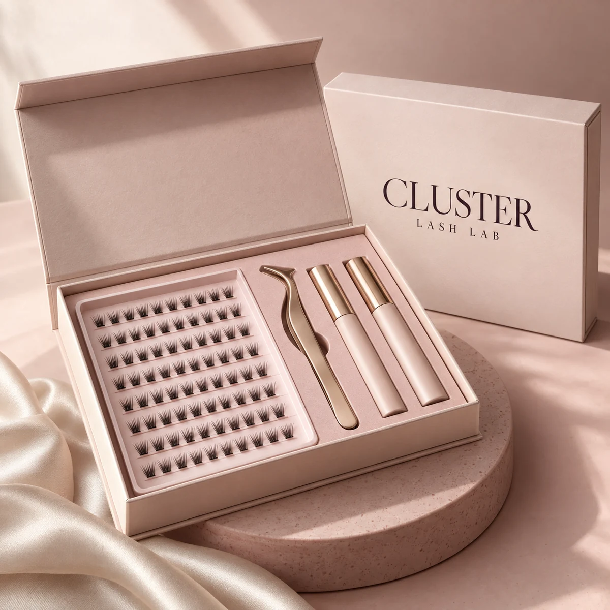 AI packaging concept for Cluster Lash Lab: a blush kit with lash clusters, applicator and matching tubes