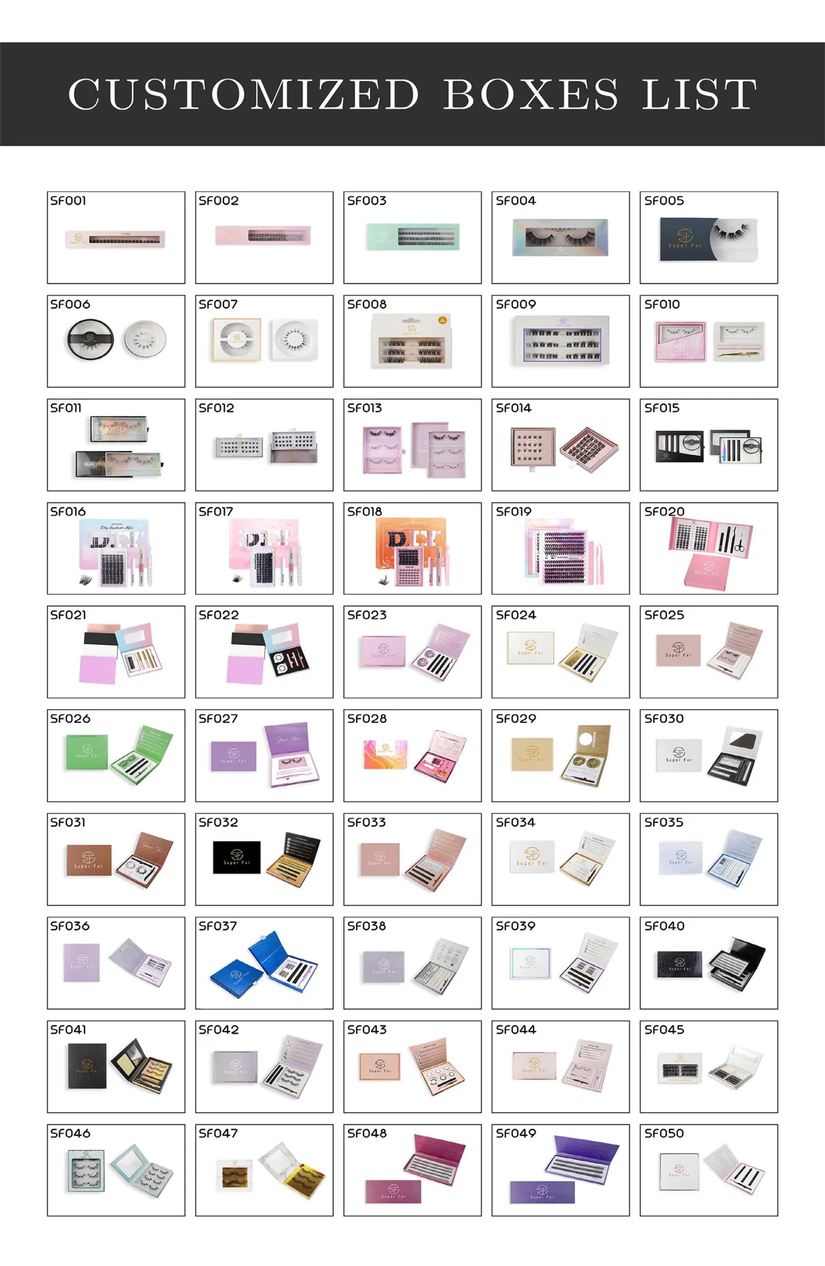 Supplier packaging reference catalogue, box codes SF001 to SF050